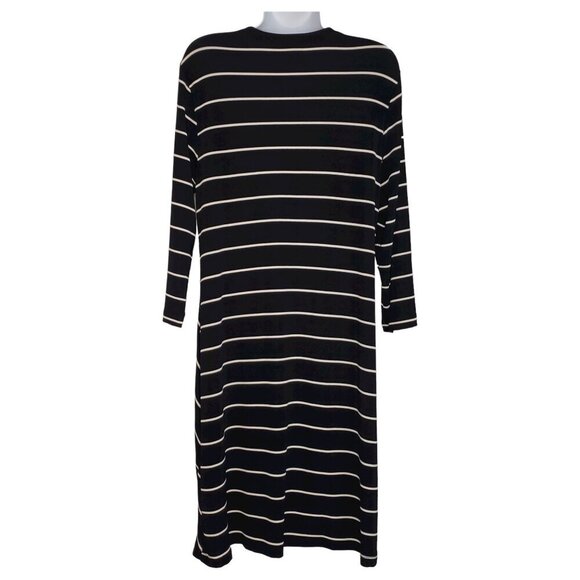 Travelers by Chicos Long Cardigan Duster Geo Stripe Slinky Navy Blue Size 1 M/8 - Picture 3 of 8